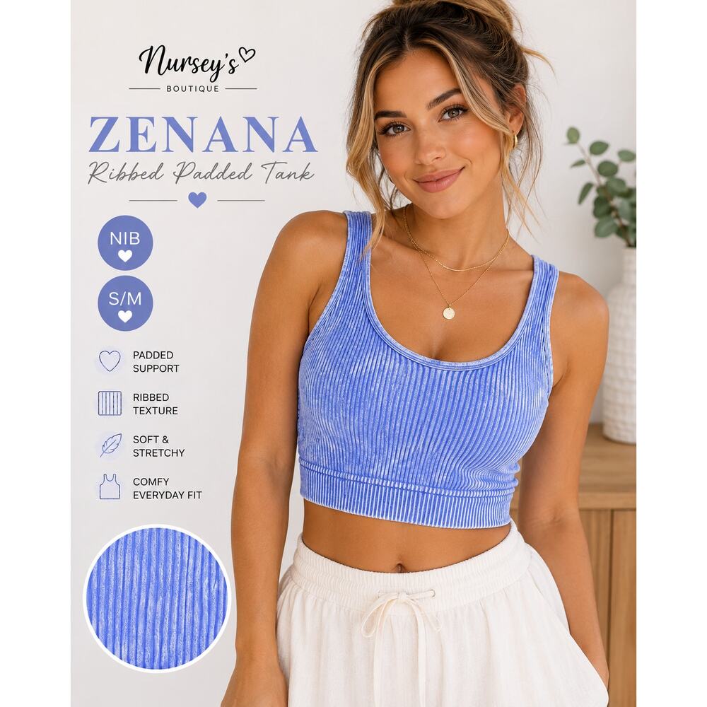 Zenana Ribbed Mineral Wash Padded Crop Tank Bralette Blue S/M NIB